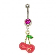 Navel ring - gold and pink cherries