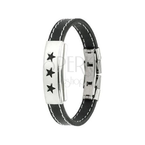 Rubber bracelet - white stitches, ID plate with stars
