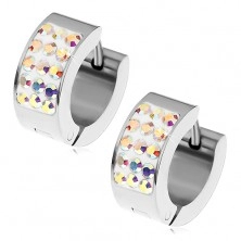 Round steel earrings - rainbow zircons, white base