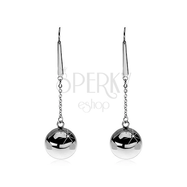 Earrings made of 316L steel - silver colour, dangling ball on chain