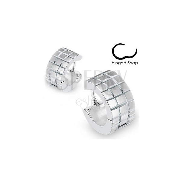 Steel earrings in silver colour - engraved squares, shiny surface
