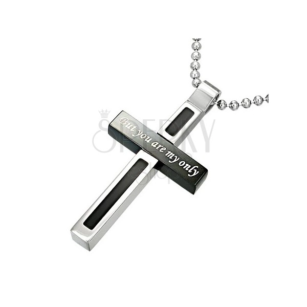 Pendant made of stainless steel, bicoloured cross with love inscription