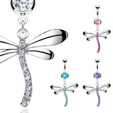 Belly piercing shaped as dragonfly inlaid with zircons