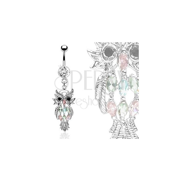 Belly ring - owl with colored zircons