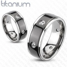 Titanium ring - black stripe, embedded zircons