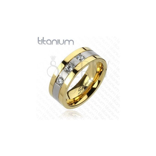 Titanium ring - gold and silver color, three zircons
