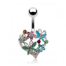 Belly piercing - decorated heart, coloured gem stones
