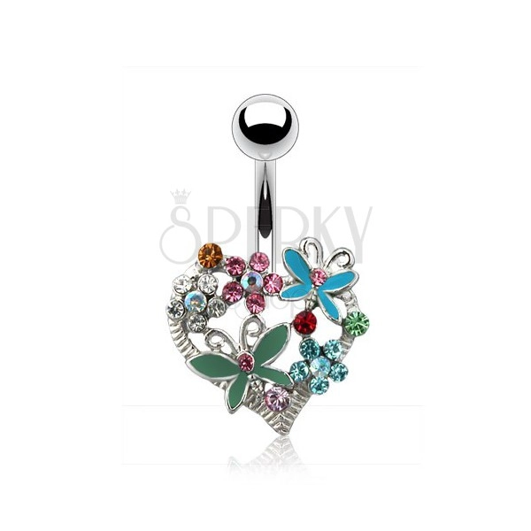 Belly piercing - decorated heart, coloured gem stones