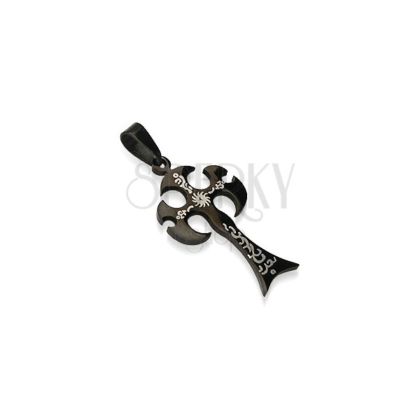 Pendant made of black surgical steel, medieval axe decorated with ornaments