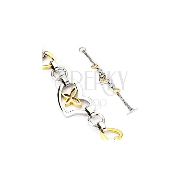 Two tone wristchain - gold and silver hearts, butterfly