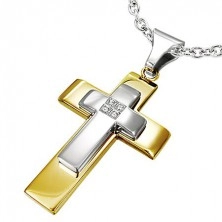 Steel pendant - two-colour double cross, embedded clear zircons