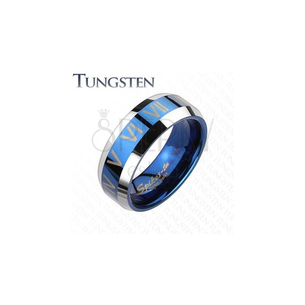 Tungsten ring - blue and silver Roman numerals