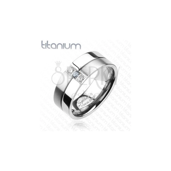 Titanium ring - shiny and matt parts, zircons