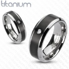 Titanium ring - black stripe with zircon