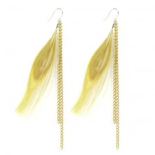 Feathers earrings - yellow green with chainlets