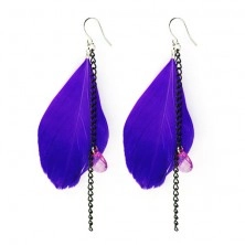Feather earrings - purple, chains, beads