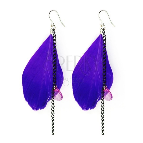 Feather earrings - purple, chains, beads