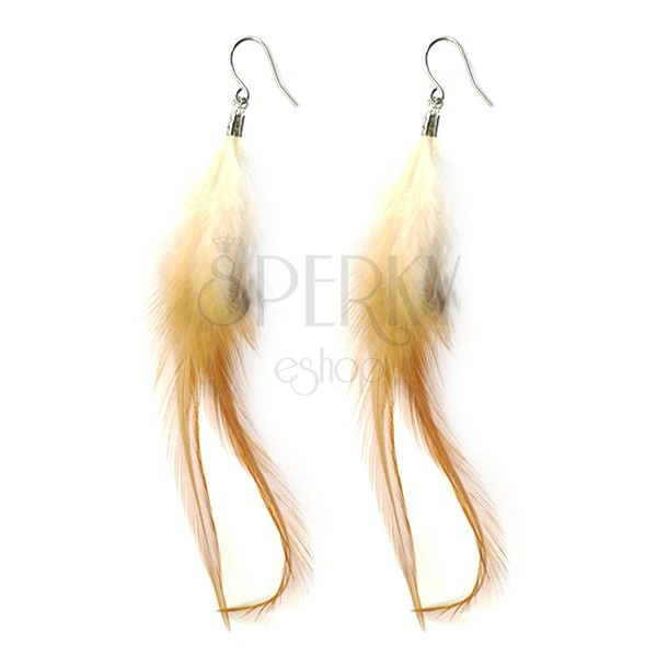 Feather dangle earrings - two feathers, triple-colour combination