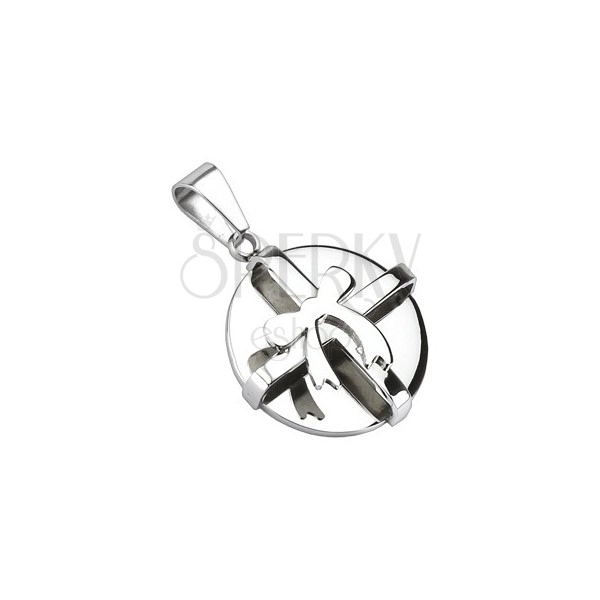 Bow tie ribbon 3D round pendant - silver colored steel