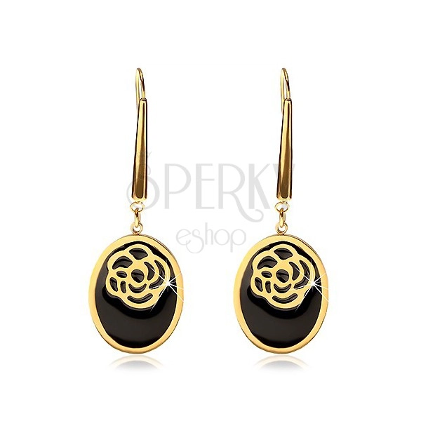 Earrings made of 316L steel in gold colour - ovals with black glaze and cutout rose