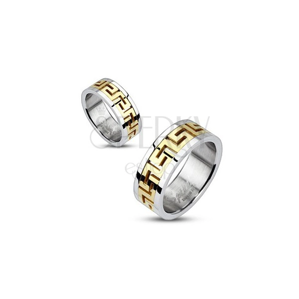 Stainless steel ring - silver with golden greek maze