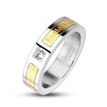 Steel wedding ring, strip in gold colour - Endless Love, zircon