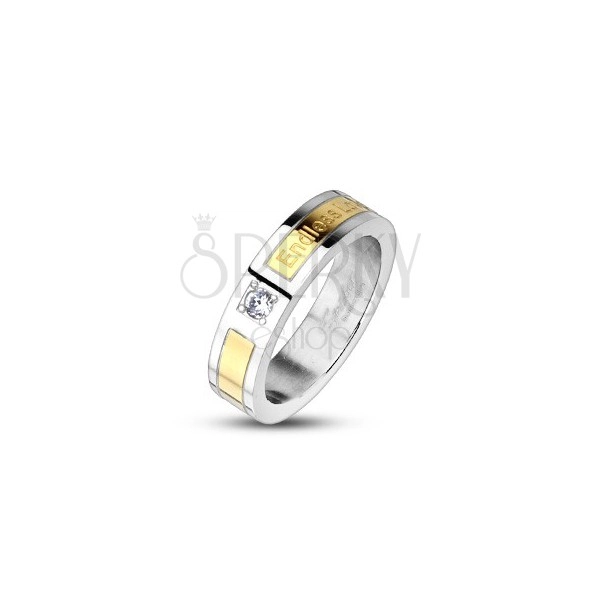 Steel wedding ring, strip in gold colour - Endless Love, zircon