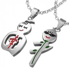 Steel pendants for couple - boy and girl, red Chinese letter