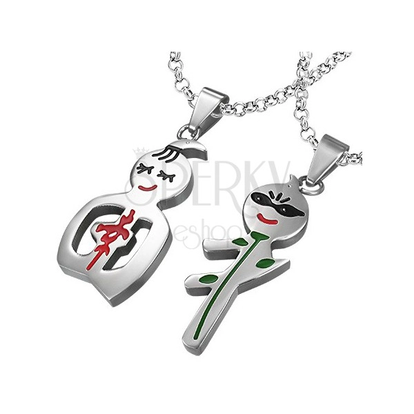 Steel pendants for couple - boy and girl, red Chinese letter