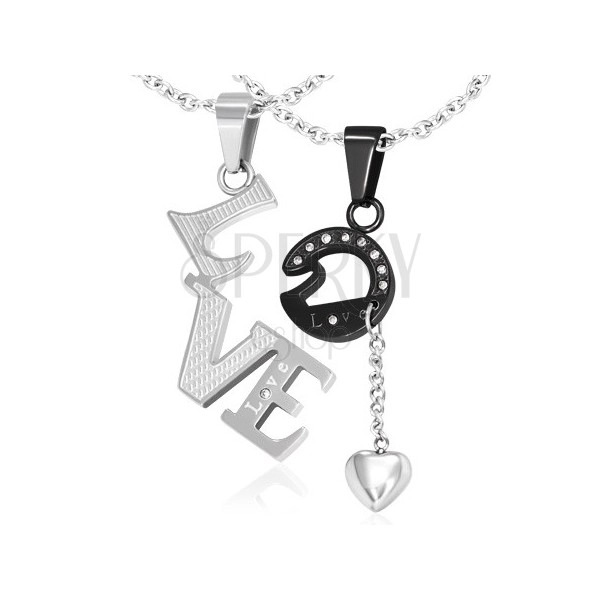 Steel couple pendants - Love, zircons, heart on chain