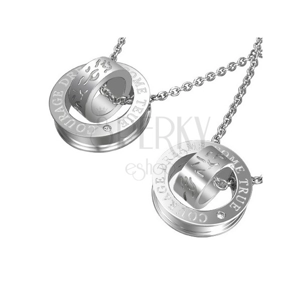 Couple pendants - silver rings with curvy lines texture and inscription