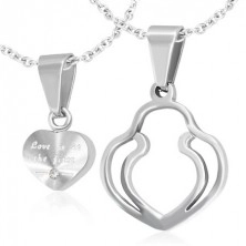 Couple pendants - small heart and double lined heart in silver colours