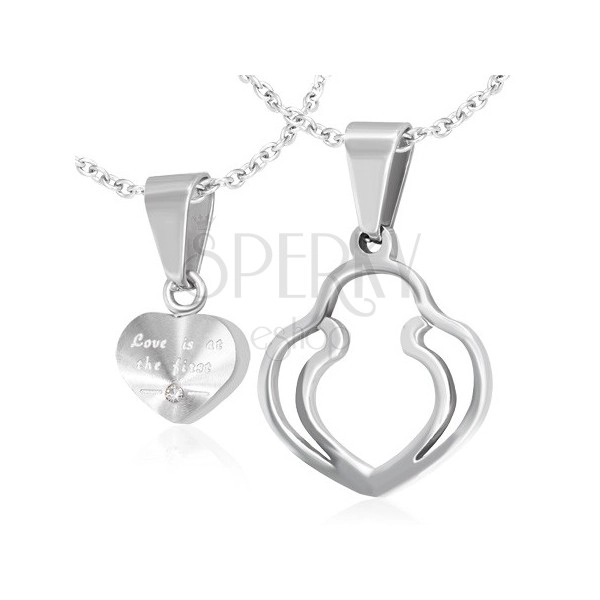 Couple pendants - small heart and double lined heart in silver colours