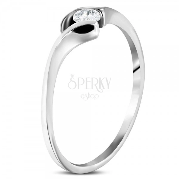 Steel engagement ring - thin curved shoulders, circular clear zircon