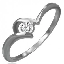 Steel engagement ring - thin curved shoulders, circular clear zircon