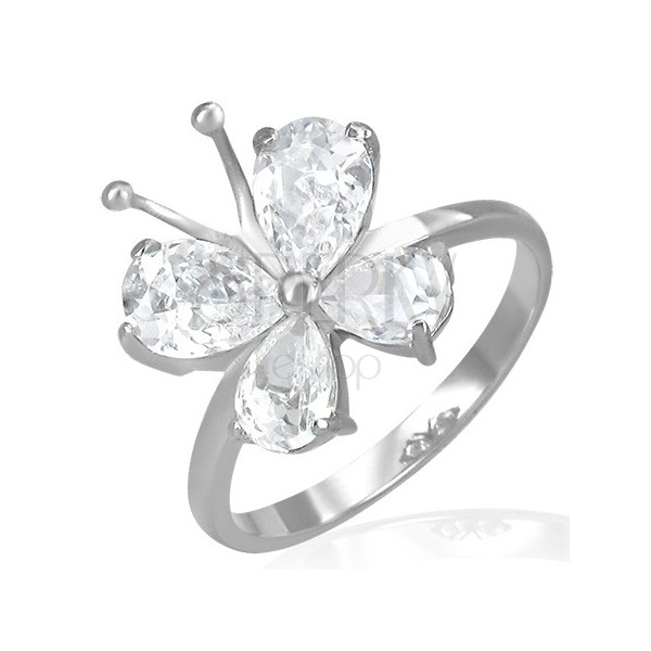 Steel engagement ring - zirconic butterfly with antennae