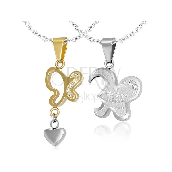 Butterfly pendants for two - parts fit together, zircons, hanging heart