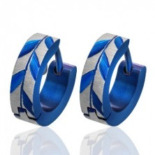 Round steel earrings - Acacia leaves pattern, blue color