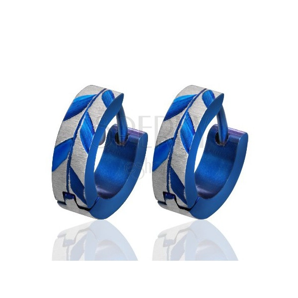 Round steel earrings - Acacia leaves pattern, blue color