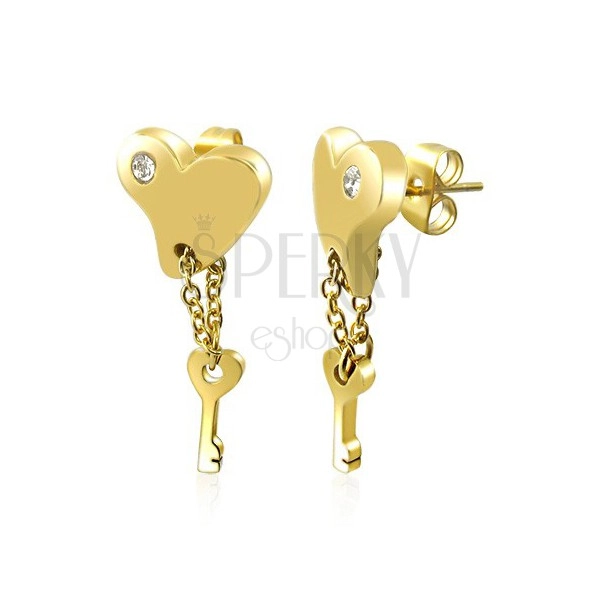 Steel earrings - gold heart with key on chainlet