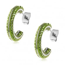 Round steel earrings - small green zircons, shiny lines in silver colour