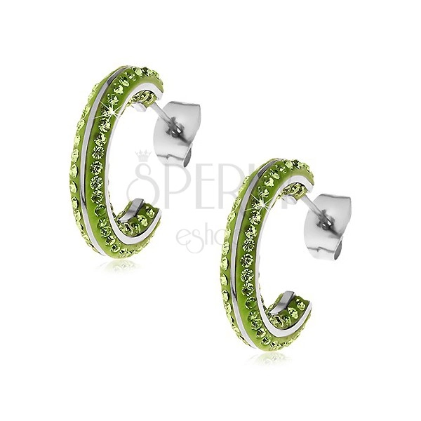 Round steel earrings - small green zircons, shiny lines in silver colour