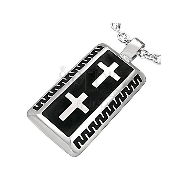Stainless steel rectangular pendant with two crosses