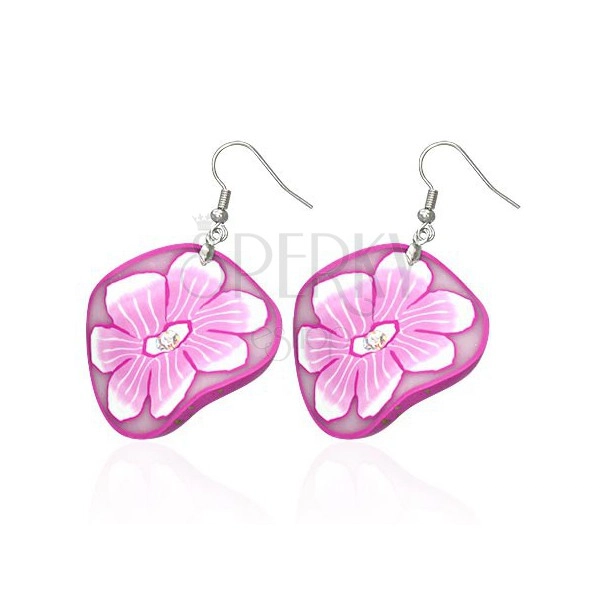 FIMO earrings - flower disc in white and pink colour