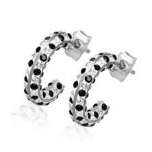 Round steel earrings - alternating black and clear zircons