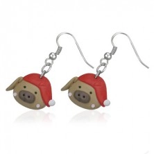 Fimo earrings - pig with red cap