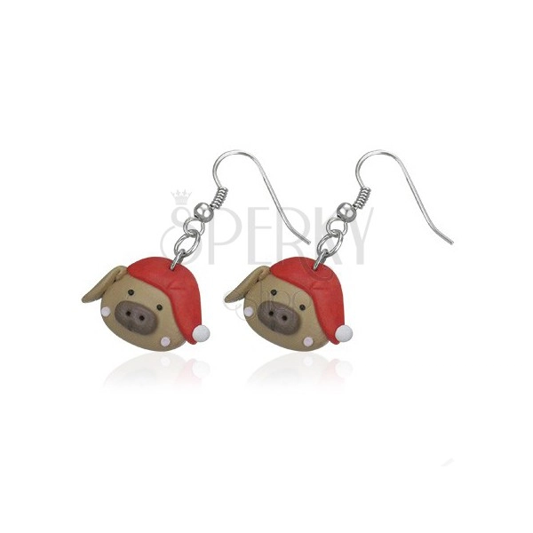 Fimo earrings - pig with red cap