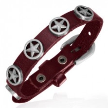 Dark red genuine leather bracelet - stars in circles