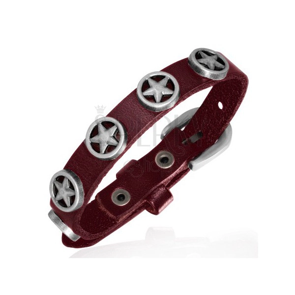 Dark red genuine leather bracelet - stars in circles