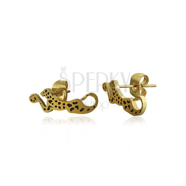 Steel earrings in gold colour - lying leopard with black spots